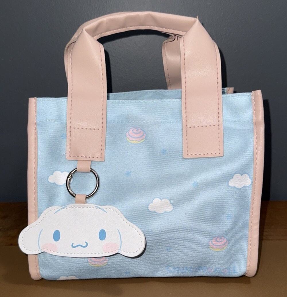 Miniso Cinnamoroll Small Tote Lunch Bag Purse & Attached Key Charm Pink & Blue